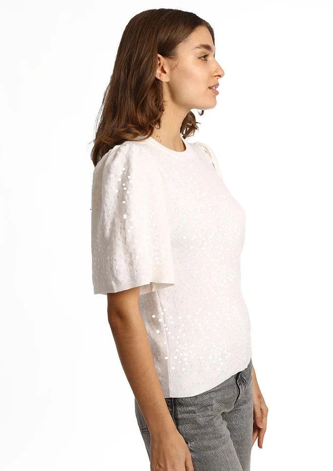 MINNIE ROSE All Over Sequin Flared S/S Knit Top - White