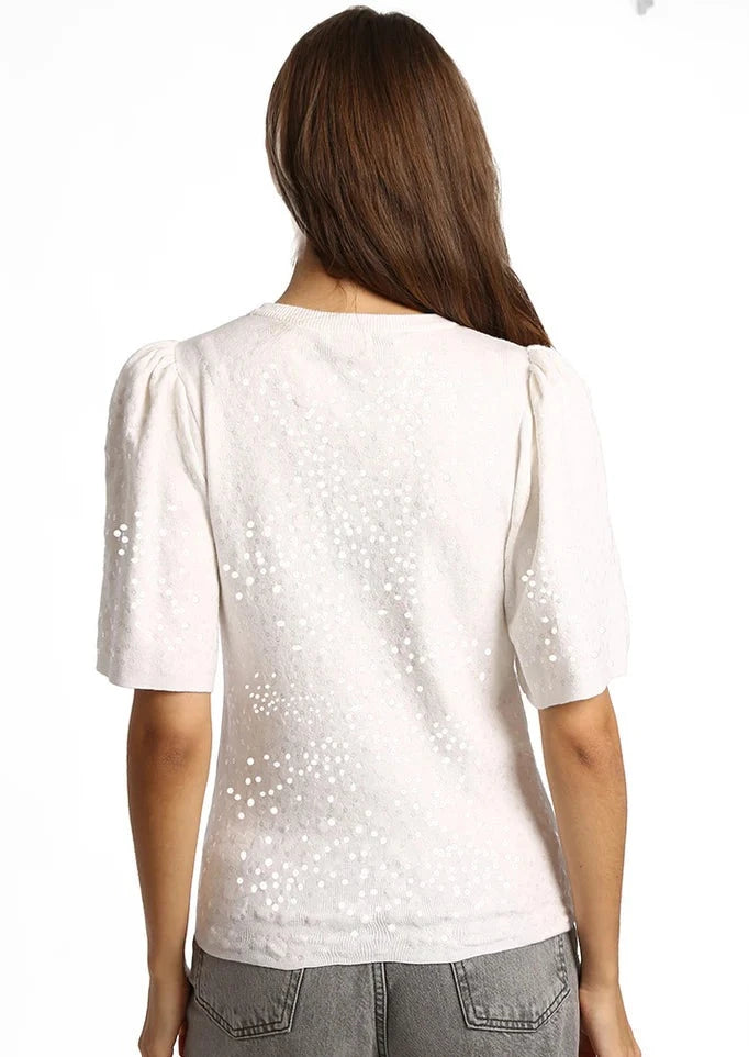 MINNIE ROSE All Over Sequin Flared S/S Knit Top - White