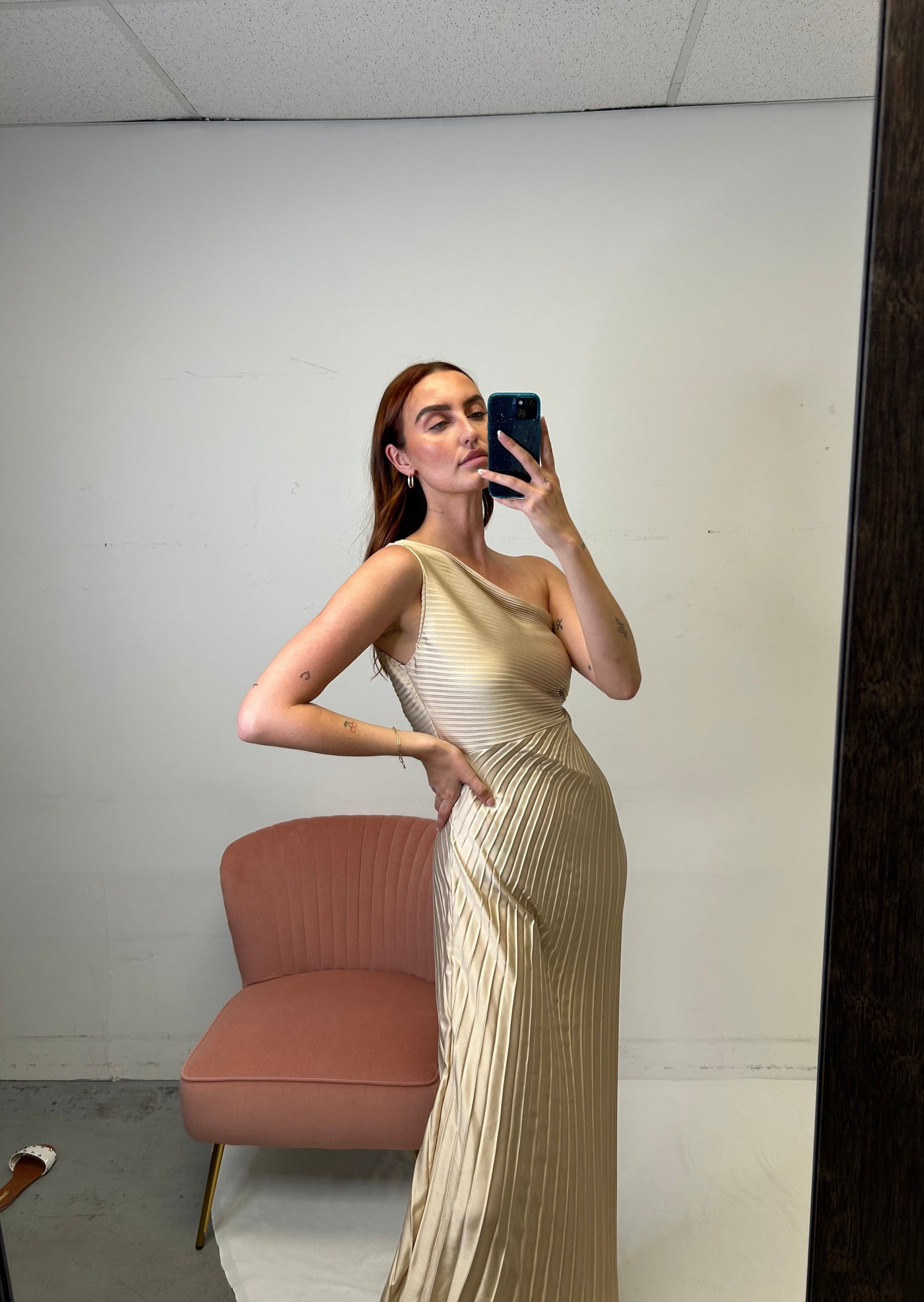 The Pink Door Pleated Asymmetrical Cut Out Dress - Beige