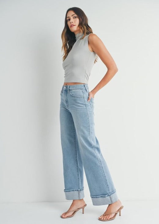 The Pink Door Palazo Wide Leg Cuff Light Denim