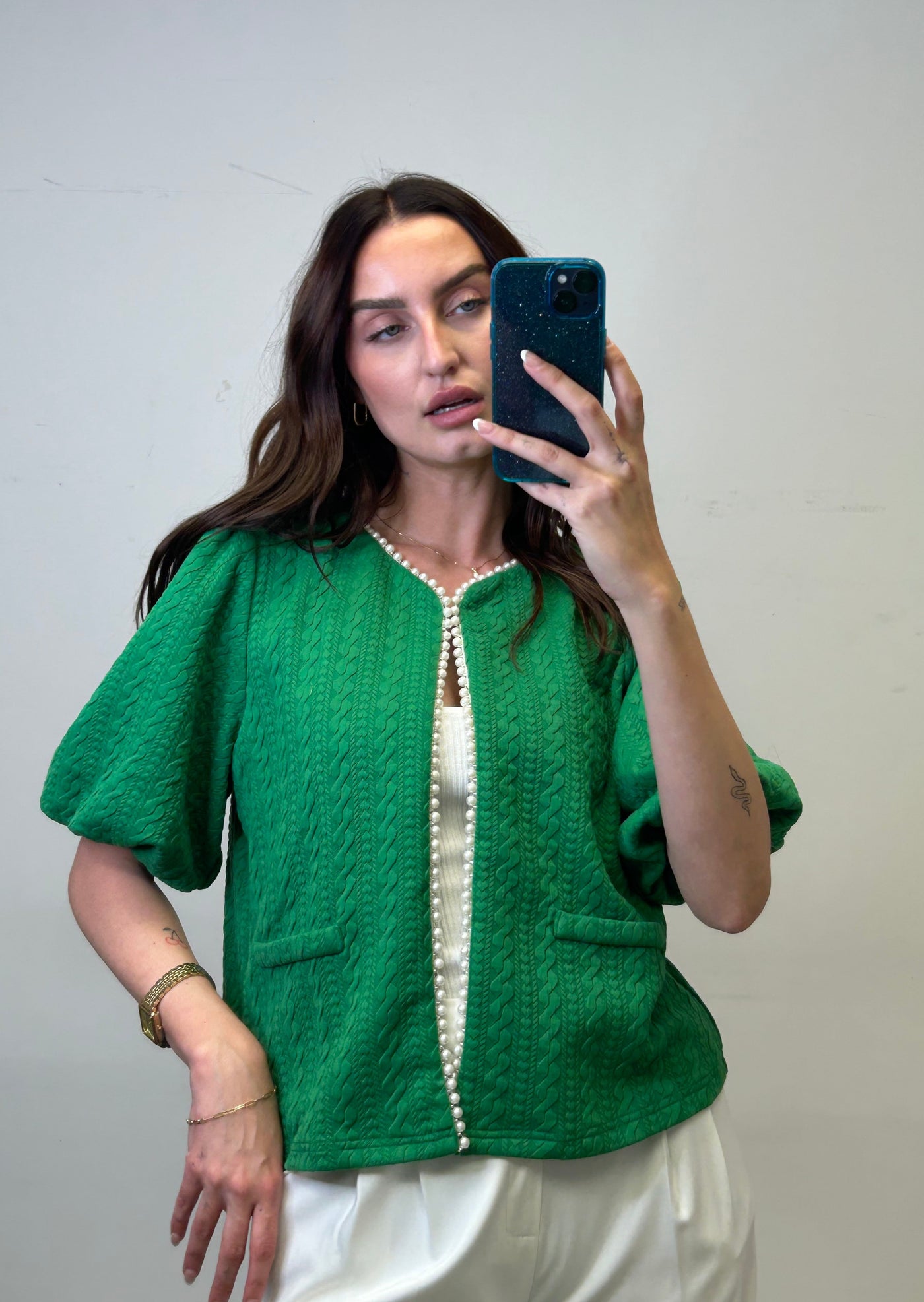 The Pink Door Cardigan Pearl Trim Pouf Sleeve Jacket Green