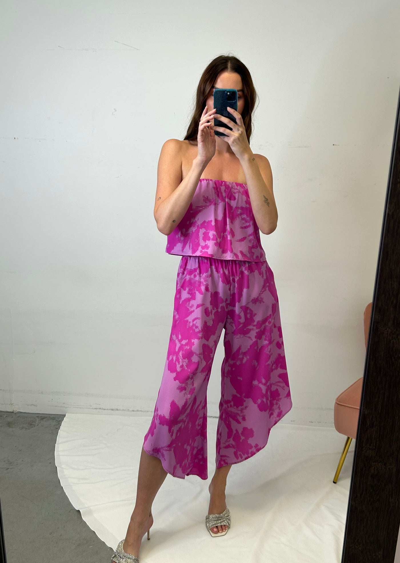 The Pink Door Digital Print Strapless Jumpsuit - Pink