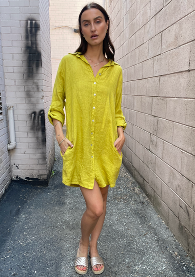 The Pink Door Short Linen Dress - Yellow