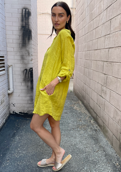 The Pink Door Short Linen Dress - Yellow