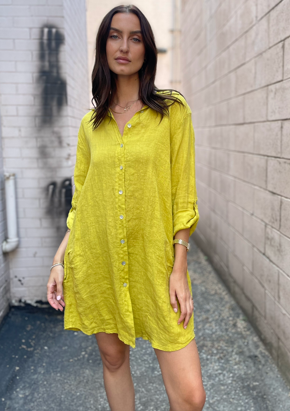 The Pink Door Short Linen Dress - Yellow