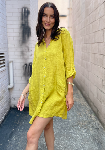 The Pink Door Short Linen Dress - Yellow