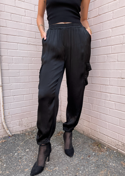 The Pink Door Silky Cargo Joggers - Black