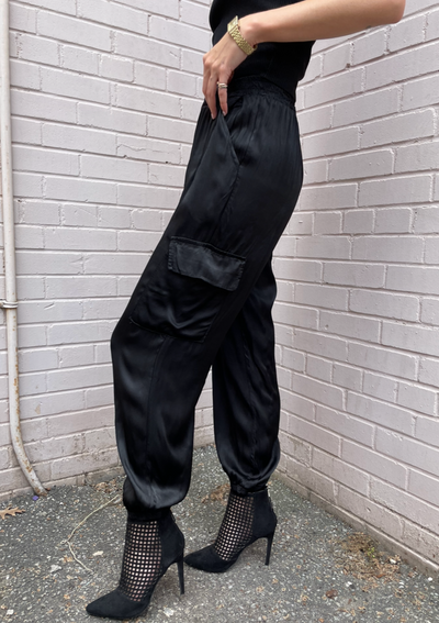 The Pink Door Silky Cargo Joggers - Black