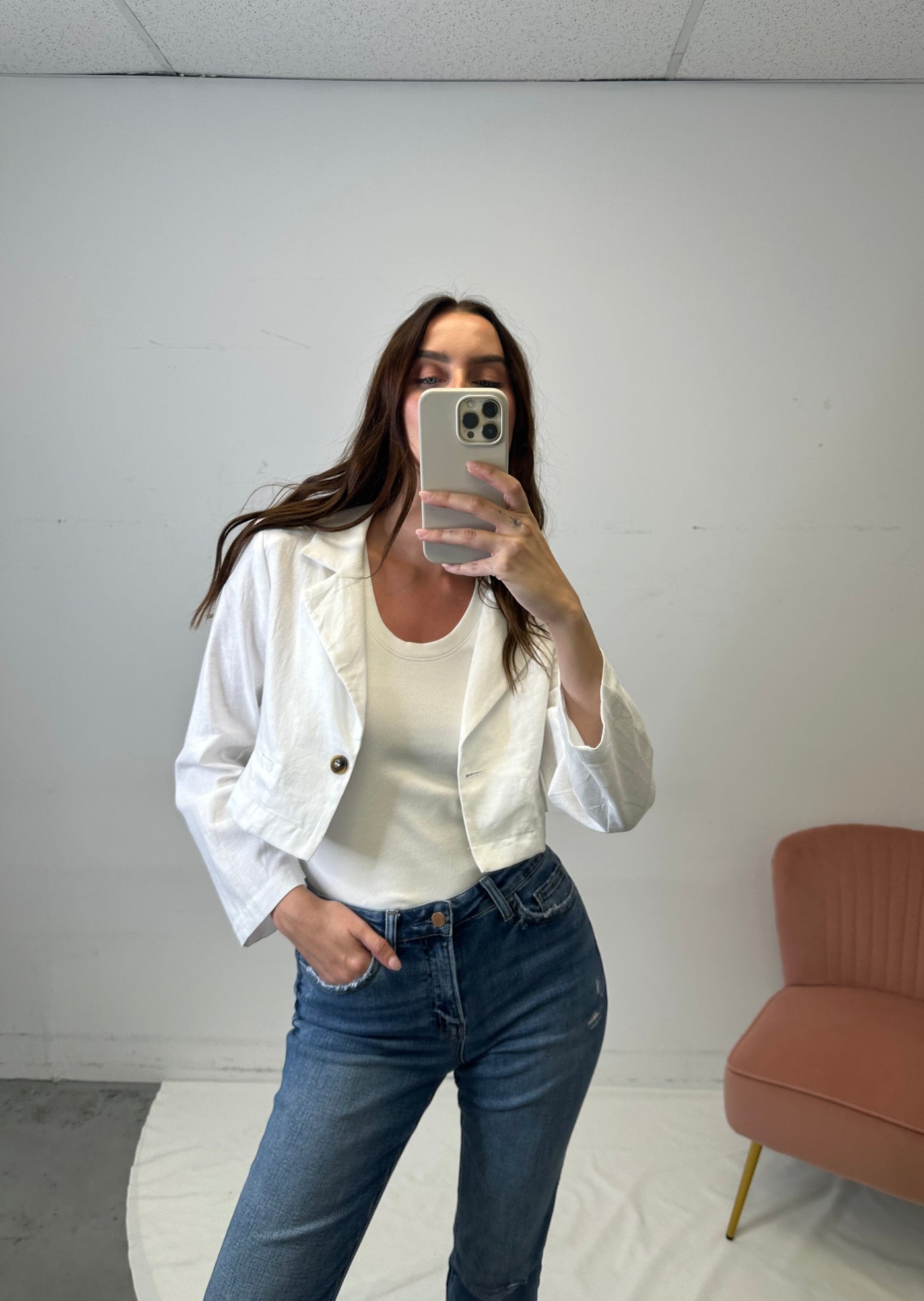 The Pink Door Crop White Linen Jacket