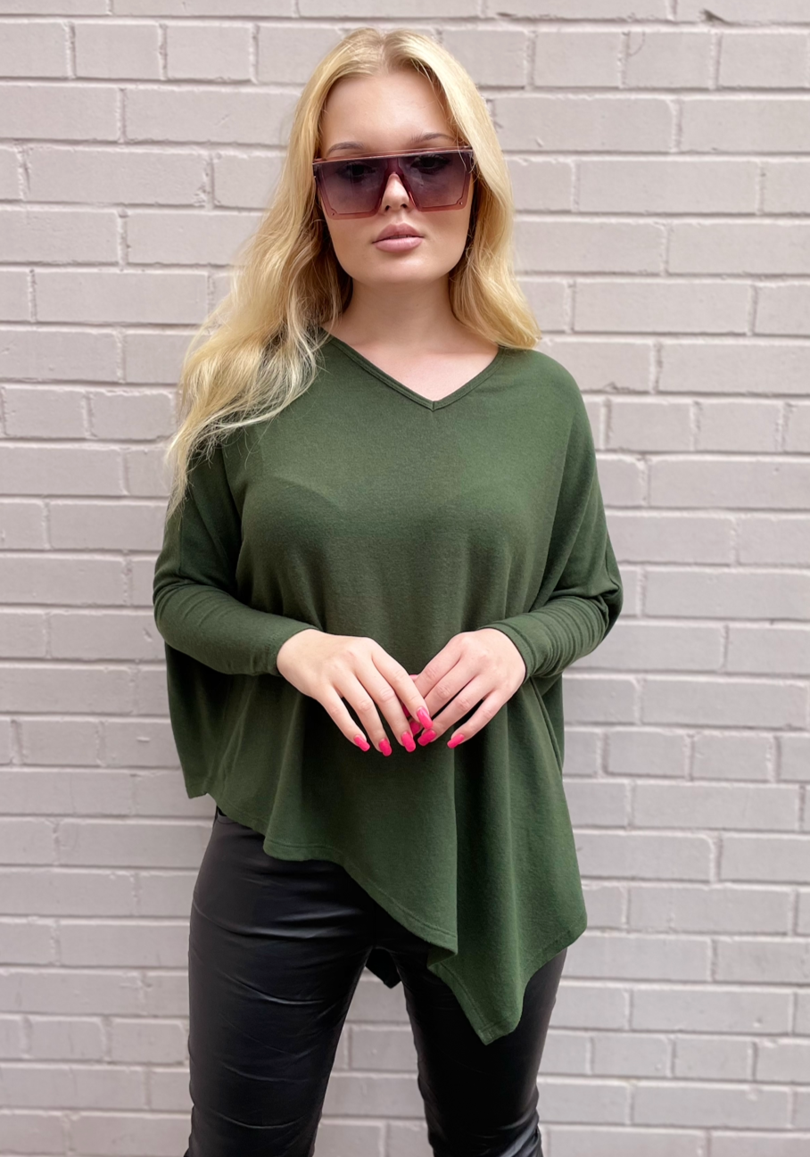 Stark X Soft Solid Asymmetrical V Neck Top - Military