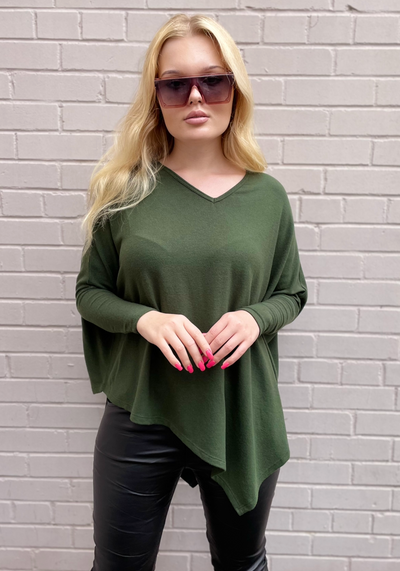 Stark X Soft Solid Asymmetrical V Neck Top - Military