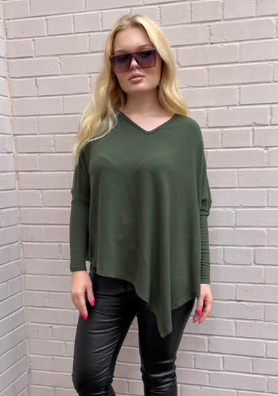 Stark X Soft Solid Asymmetrical V Neck Top - Military