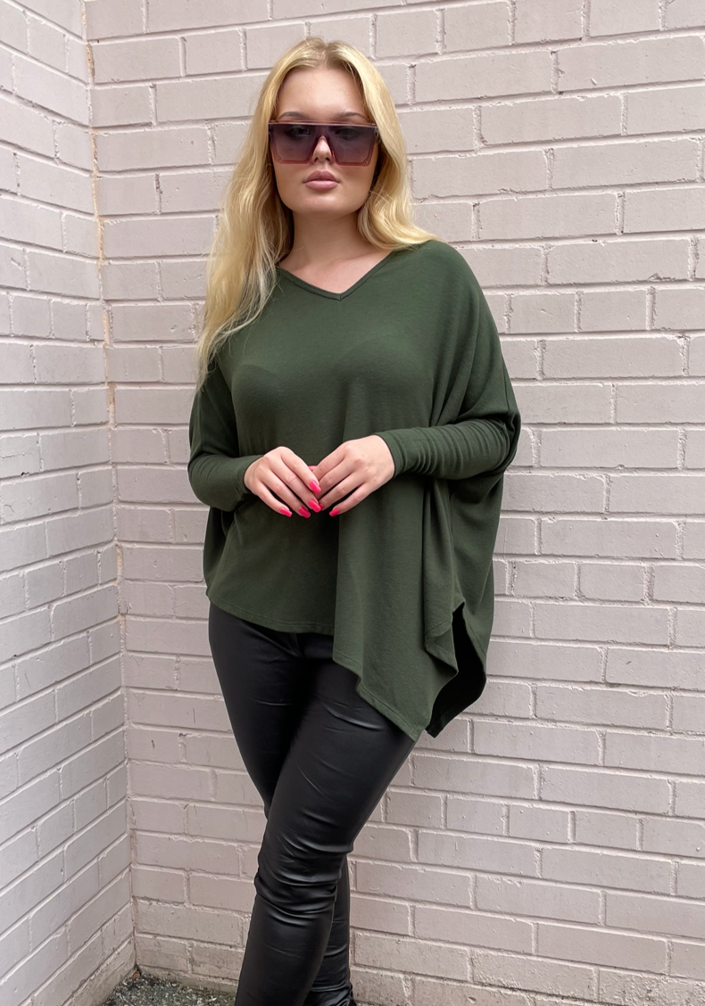 Stark X Soft Solid Asymmetrical V Neck Top - Military