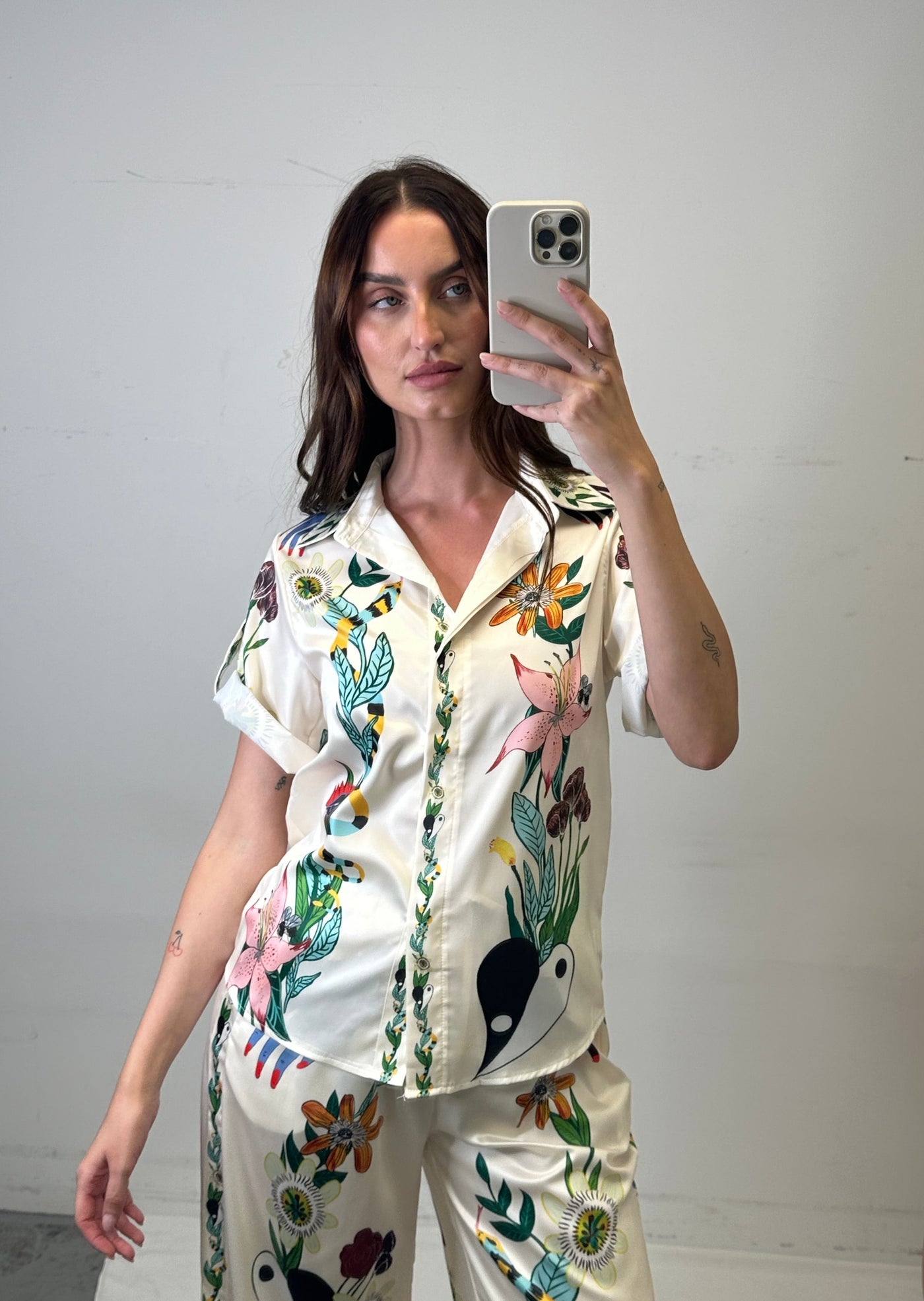 The Pink Door Silky Tropical Print Top - Ivory