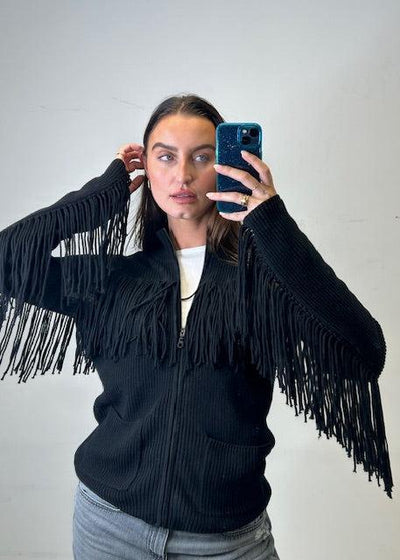 MINNIE ROSE Zip Up Fringe Jacket Black