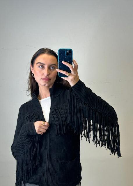 MINNIE ROSE Zip Up Fringe Jacket Black