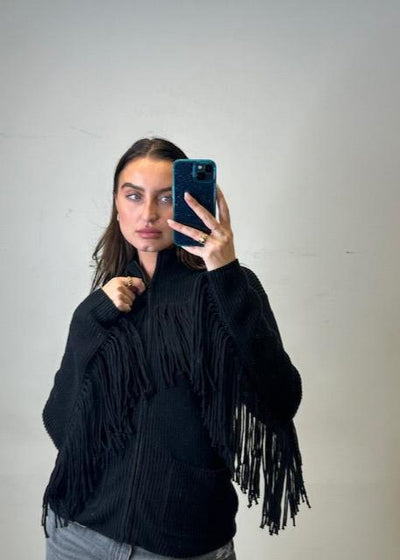 MINNIE ROSE Zip Up Fringe Jacket Black