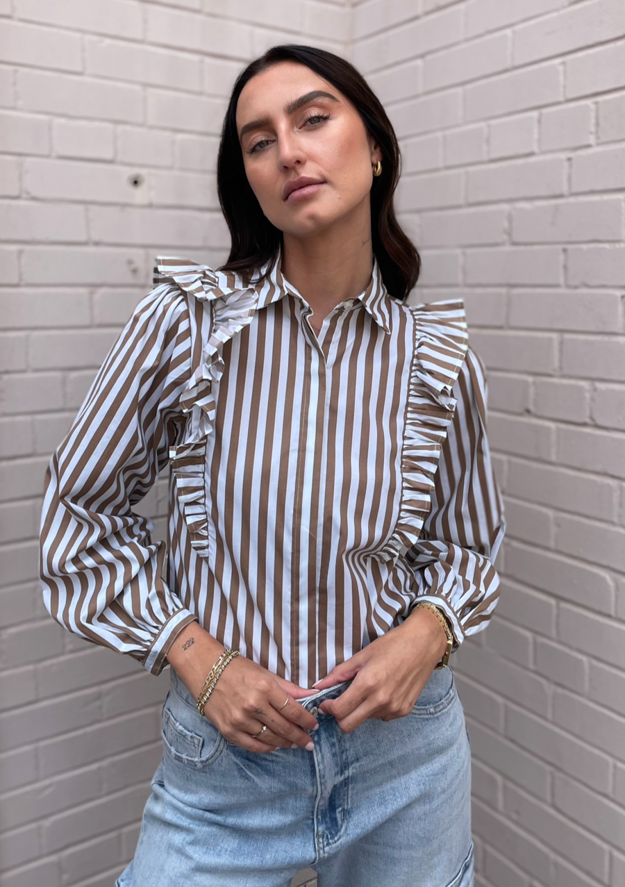 The Femm Brooke Stripe Ruffle Detail Blouse - Brown