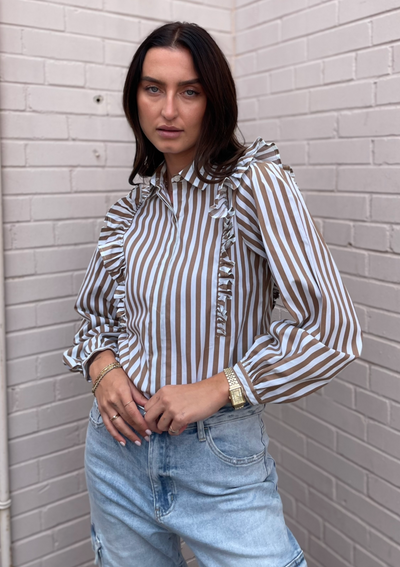 The Femm Brooke Stripe Ruffle Detail Blouse - Brown