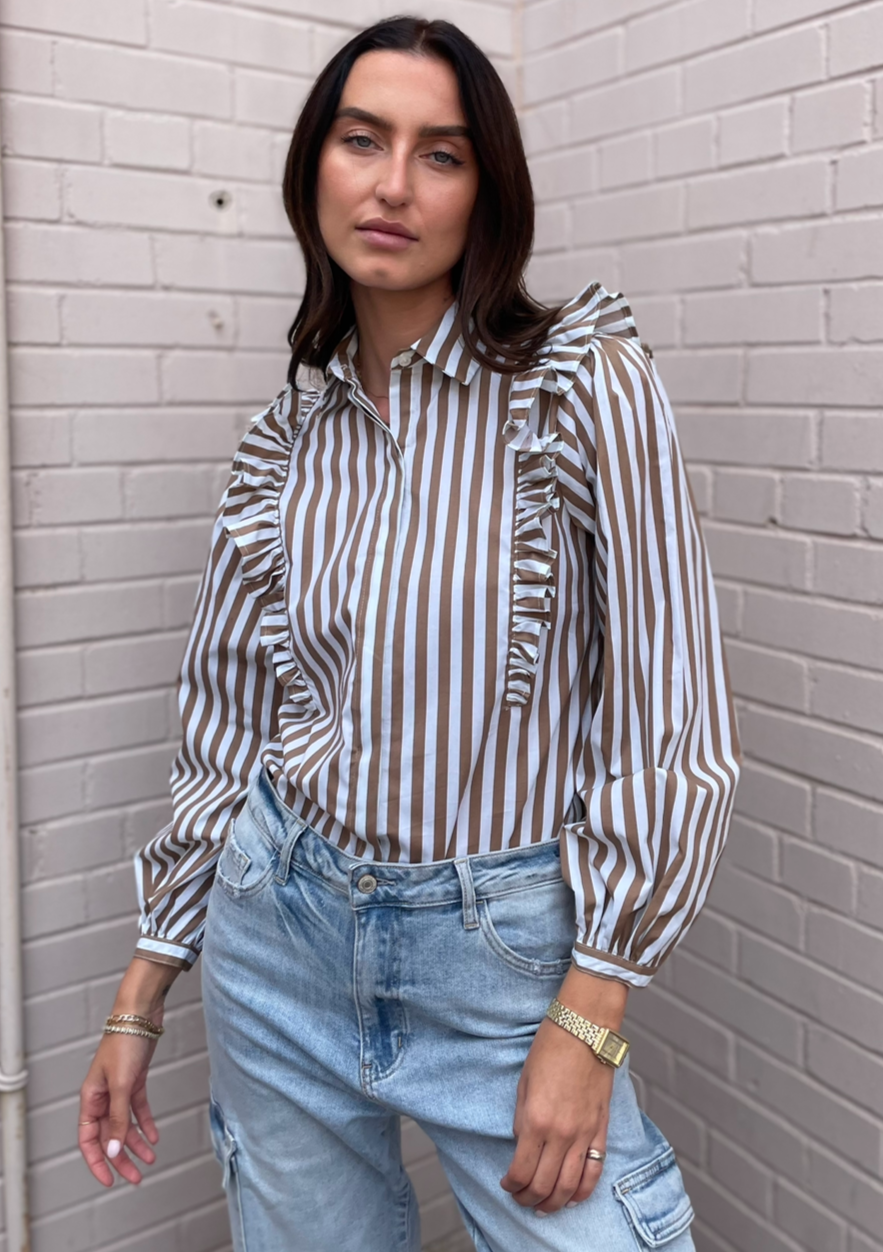 The Femm Brooke Stripe Ruffle Detail Blouse - Brown