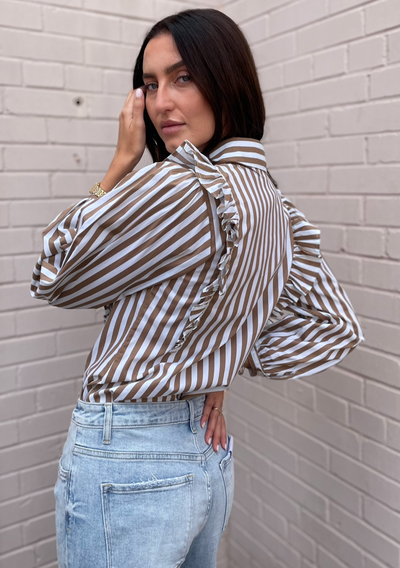 The Femm Brooke Stripe Ruffle Detail Blouse - Brown