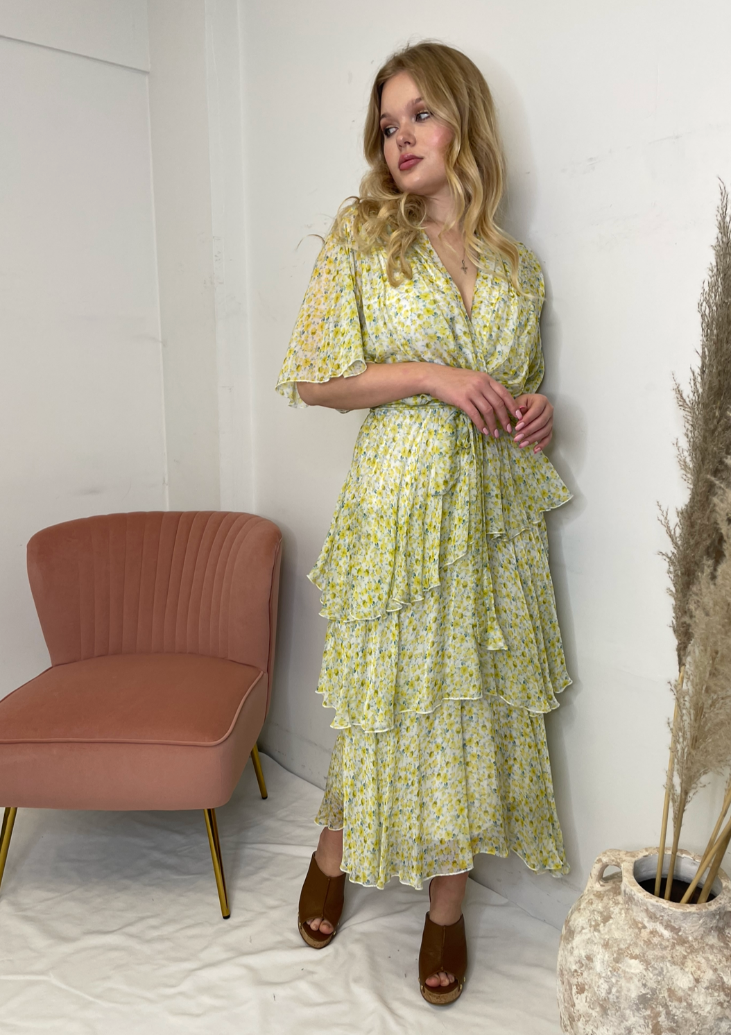 The Pink Door Long Silky Ruffle Crossover Floral Dress - Yellow