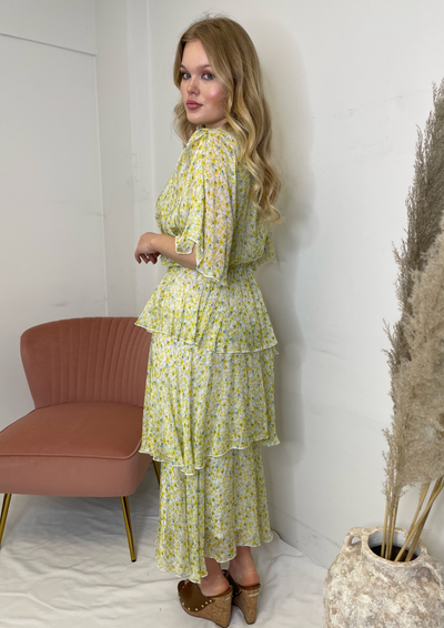 The Pink Door Long Silky Ruffle Crossover Floral Dress - Yellow