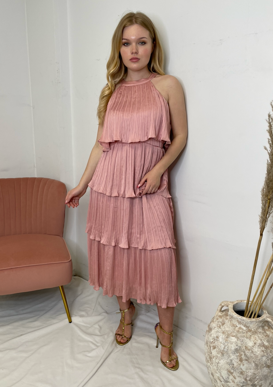 The Pink Door High Neck Pleated Tier Dress - Dusty Pink