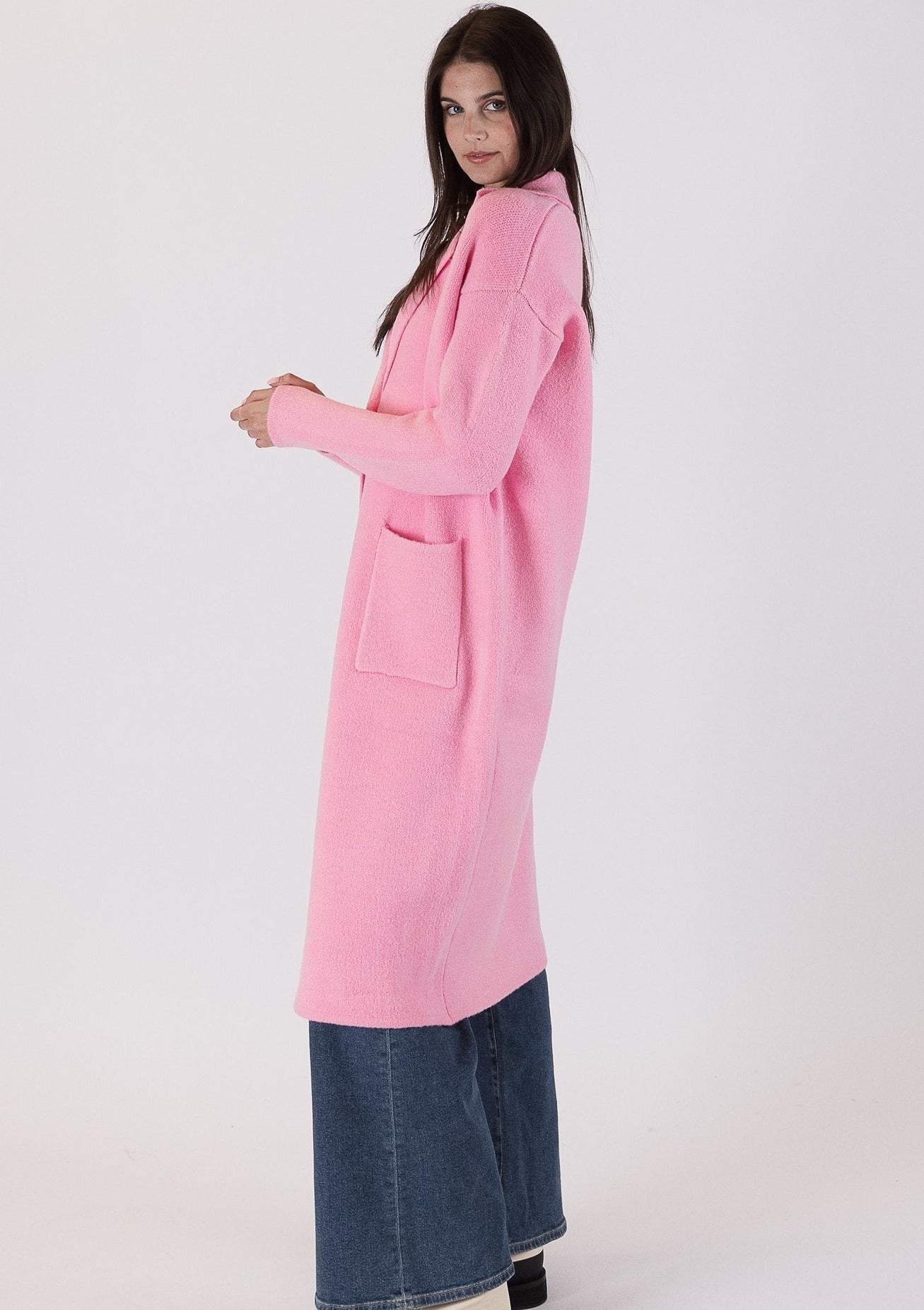 The Pink Door Knit Long Coat w/ Pockets - Pink