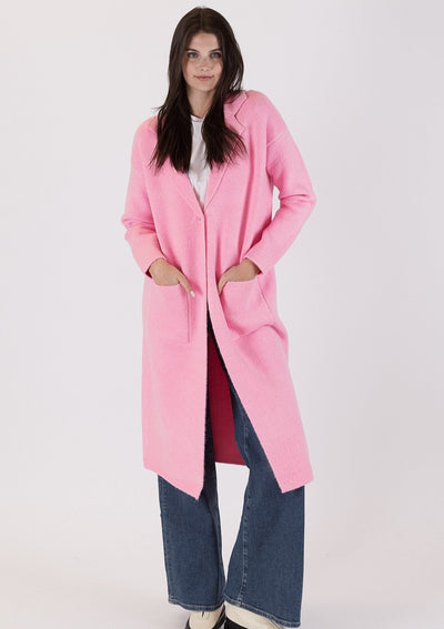 The Pink Door Knit Long Coat w/ Pockets - Pink