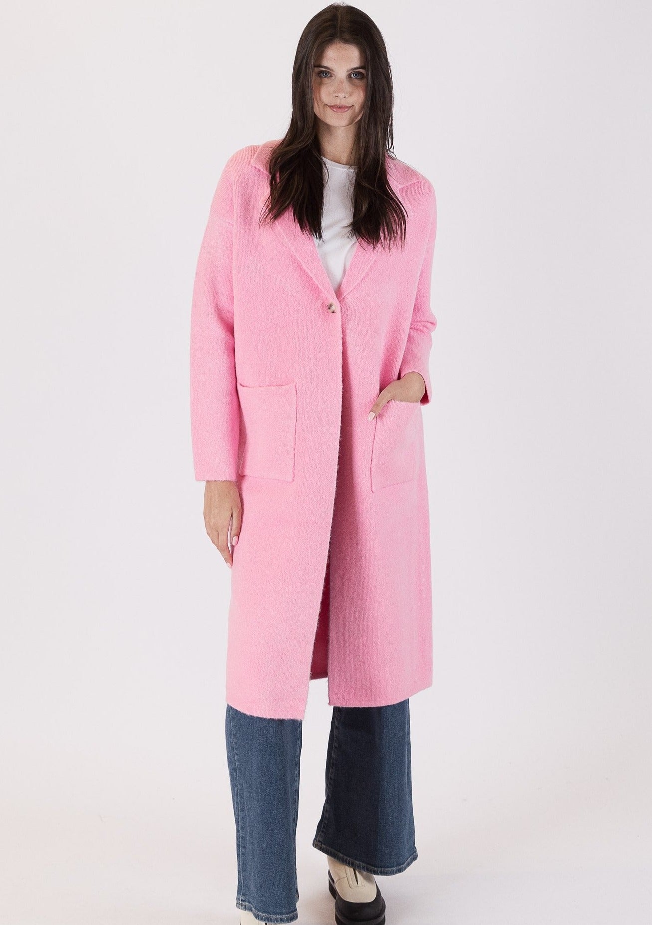 The Pink Door Knit Long Coat w/ Pockets - Pink