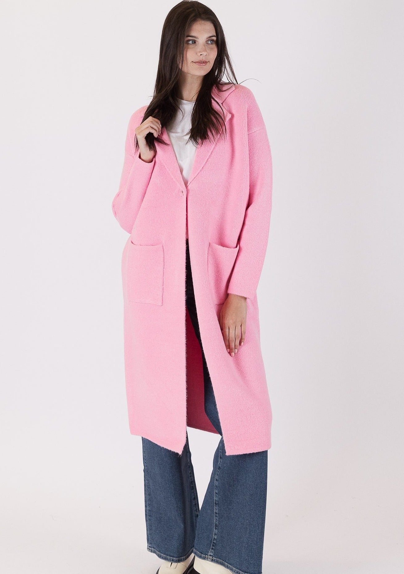 The Pink Door Knit Long Coat w/ Pockets - Pink