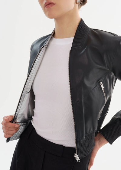 Lamarque Kordella Reversible Leather Bomber Jacket - Black/Silver