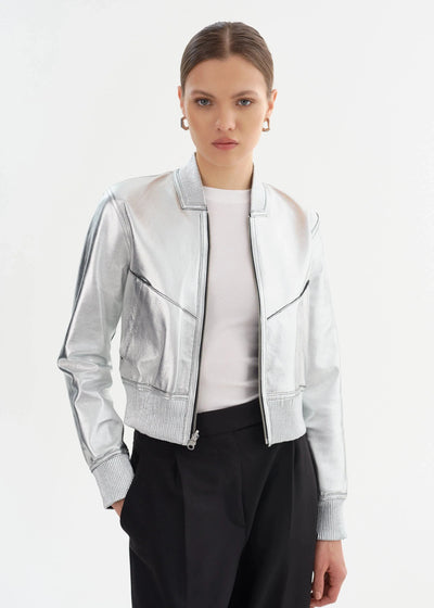 Lamarque Kordella Reversible Leather Bomber Jacket - Black/Silver