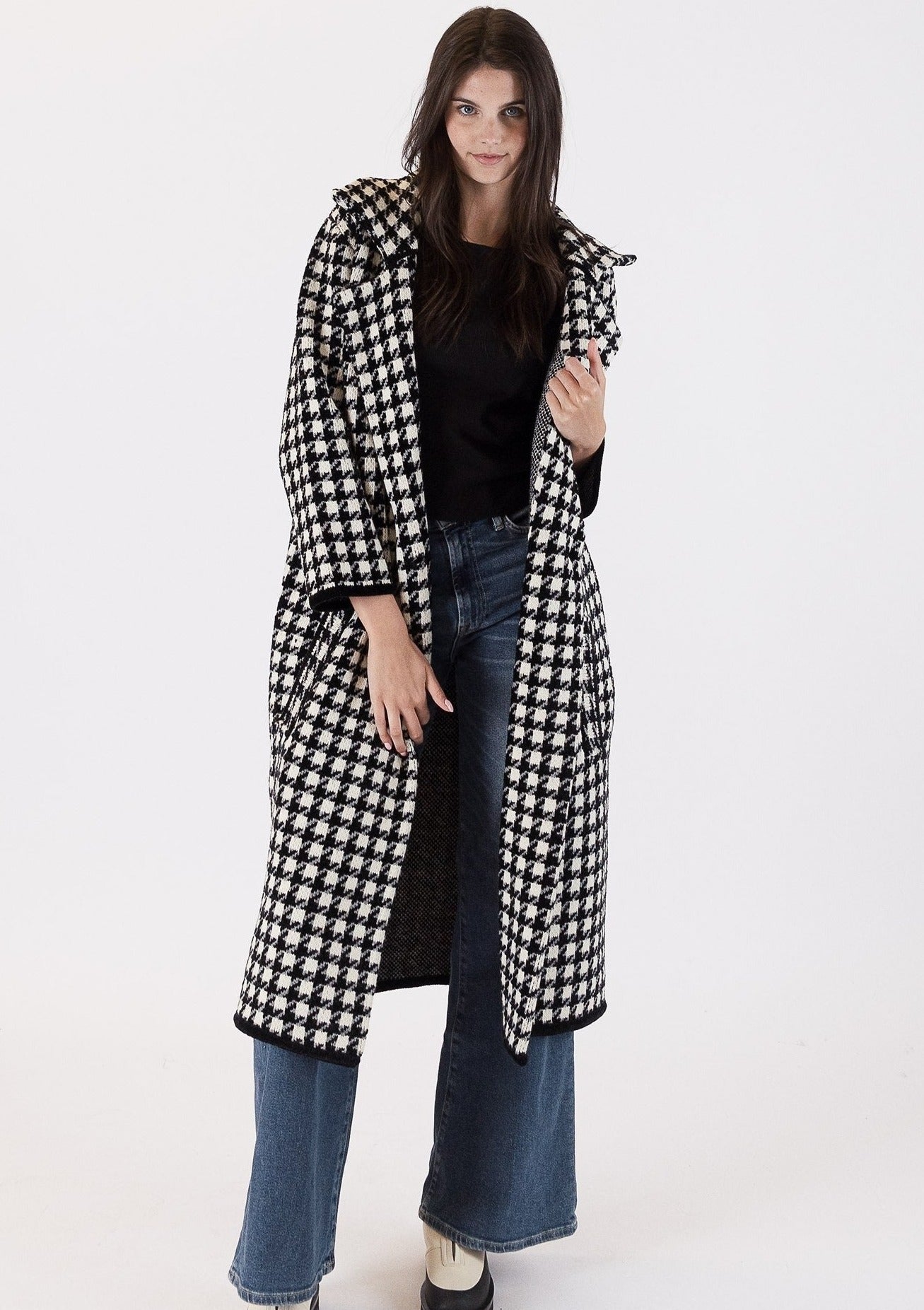 The Pink Door Long Houndstooth Coat - Black/White