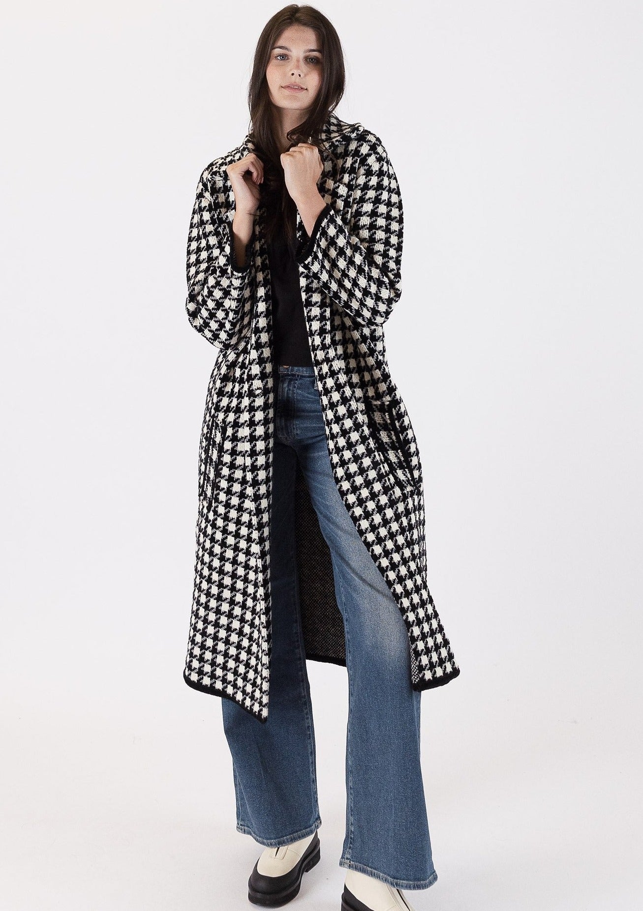 The Pink Door Long Houndstooth Coat - Black/White