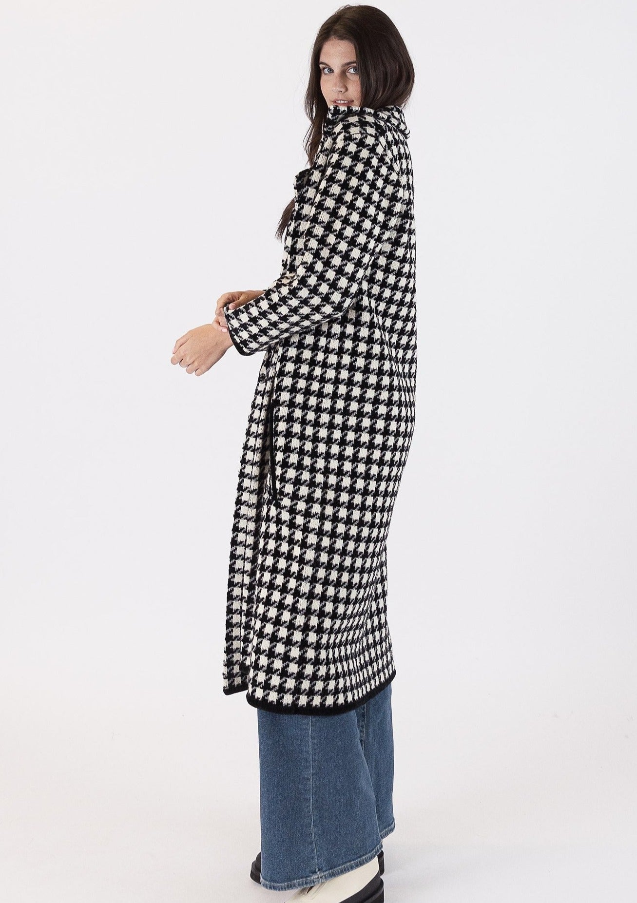 The Pink Door Long Houndstooth Coat - Black/White