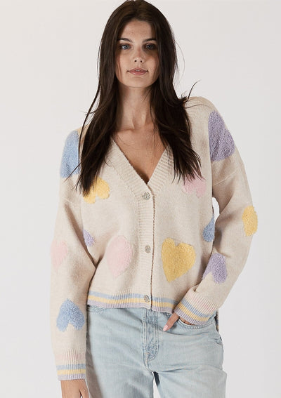 The Pink Door Knit Cardigan w/ Plush Heart Detail - Bone/Multi