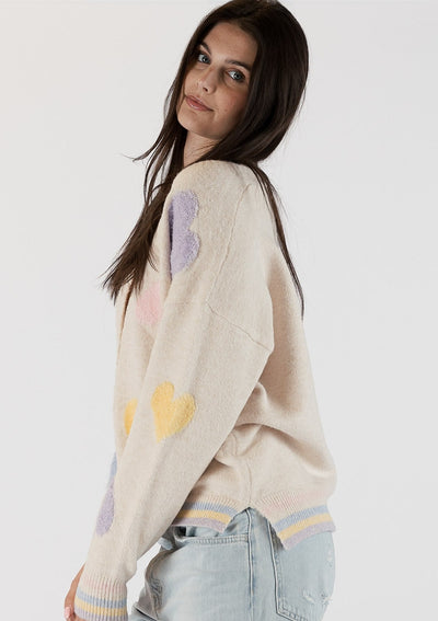 The Pink Door Knit Cardigan w/ Plush Heart Detail - Bone/Multi