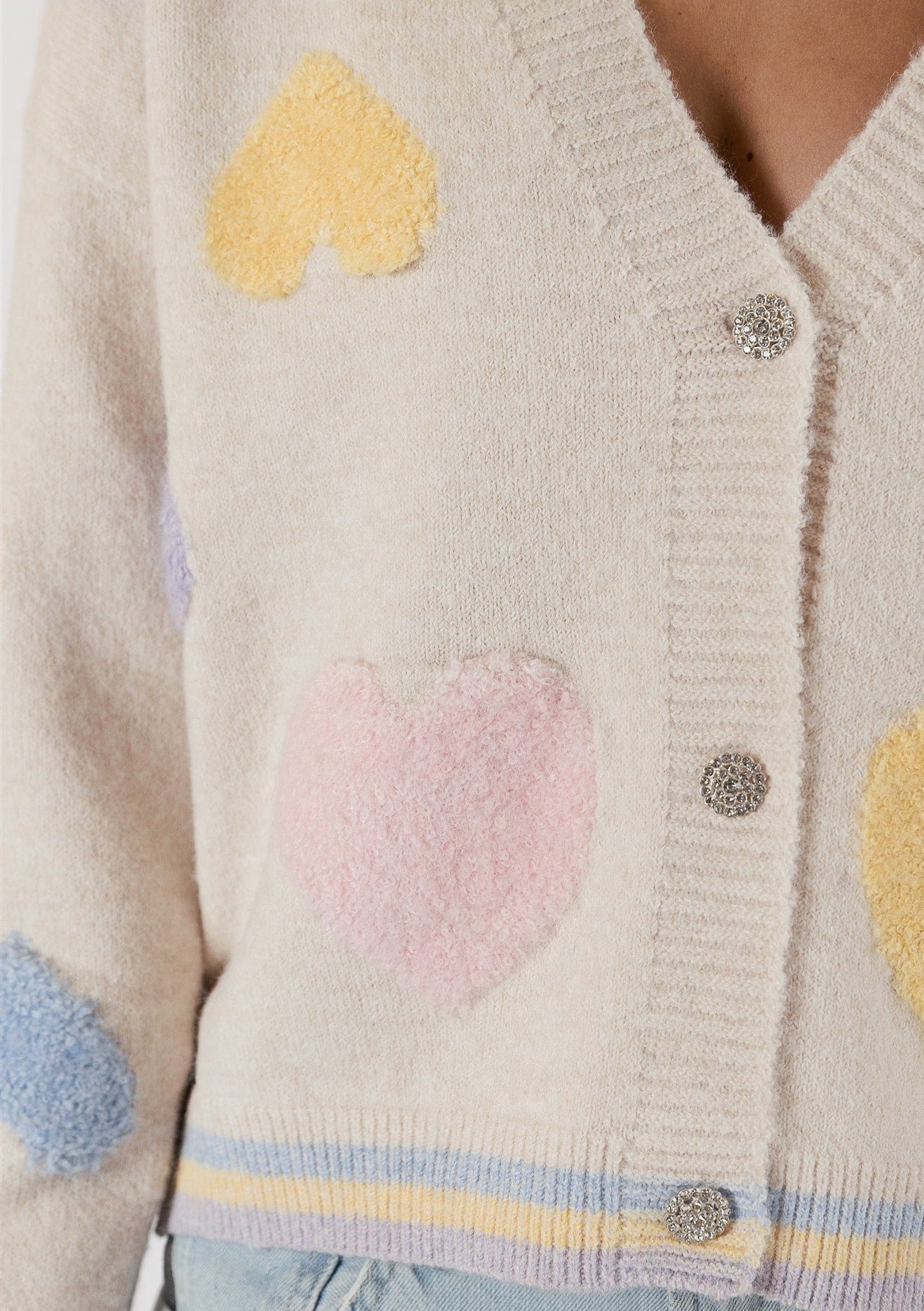 The Pink Door Knit Cardigan w/ Plush Heart Detail - Bone/Multi