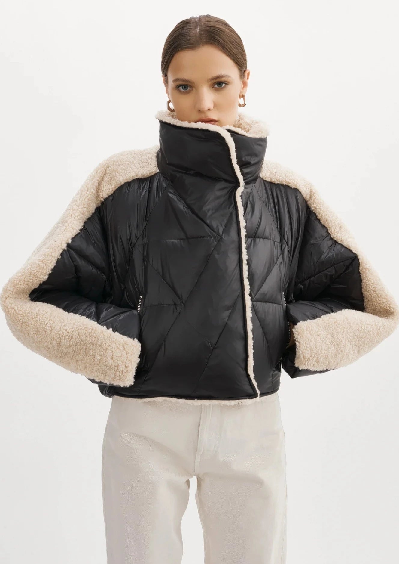 Lamarque Sharon Mixed Media Puffer Jacket - Black/Beige