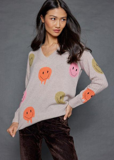 Lisa Todd Mood Check Cashmere V-Neck Sweater w Pointelle Details & Happy Face Peint - Birch