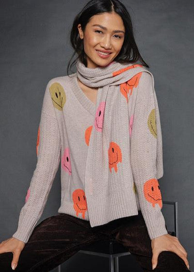 Lisa Todd Mood Check Cashmere V-Neck Sweater w Pointelle Details & Happy Face Peint - Birch