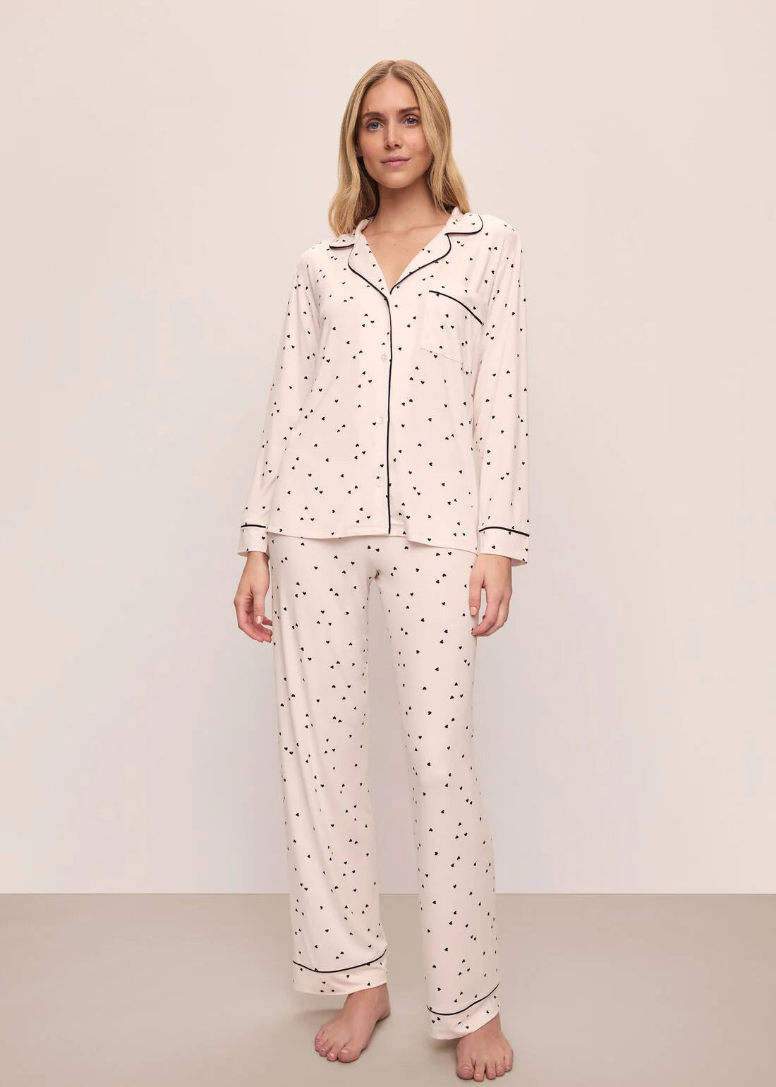 Eberjey Gisele Printed Long Pj Set Sorbet Pink w/ Black Hearts