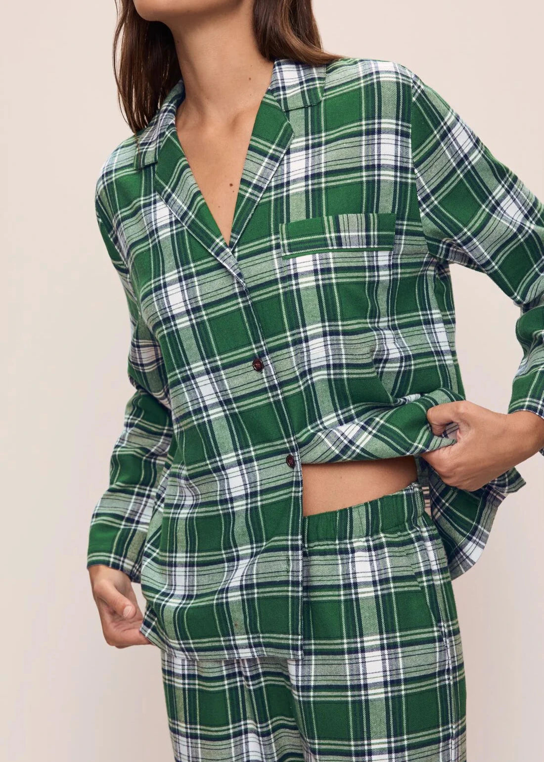 Eberjey Plaid Flannel  Long Pj Set - Forest Green