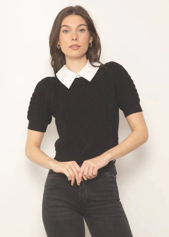 Central Park West Tessa Puff Sleeve Cable Twofer Top Black