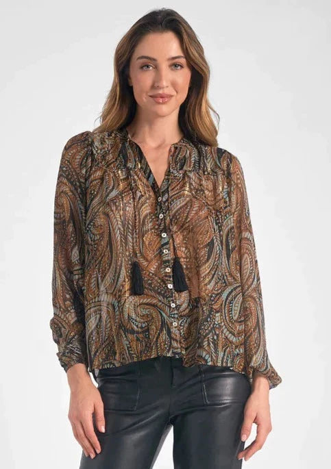 Elan L/S V-neck Paisley Print Blouse - Bronze