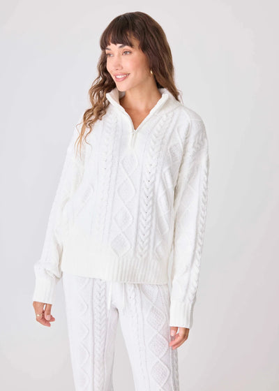 PJ Salvage Chenille Cozy Cable Quarter Zip Sweater Ivory