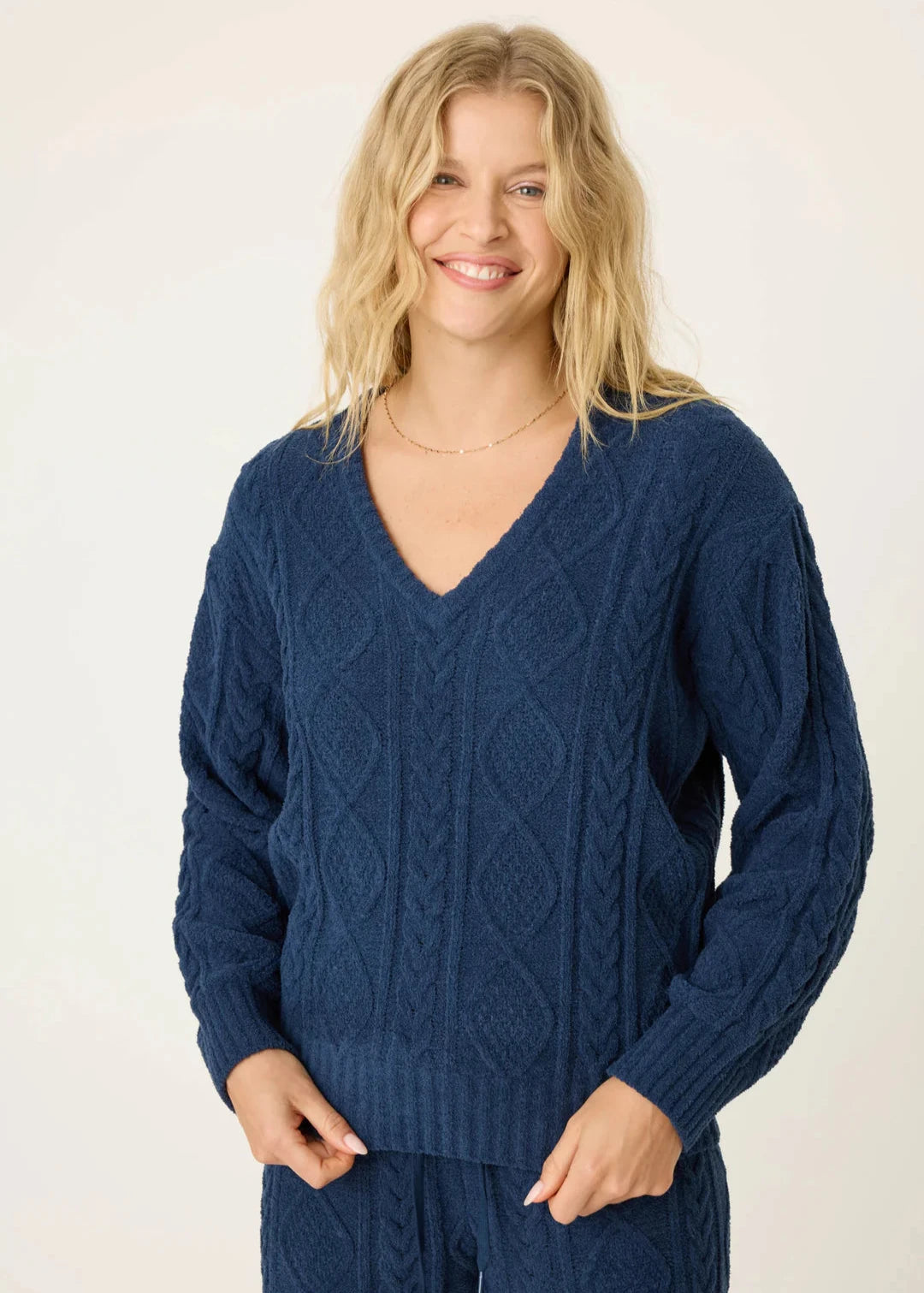 PJ Salvage Chenille Cozy Cable Lounge V-neck Sweater Midnight