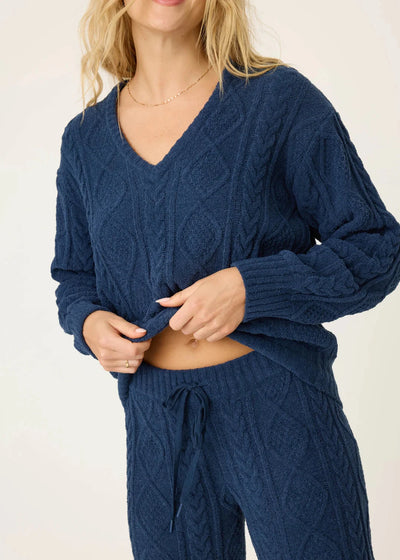 PJ Salvage Chenille Cozy Cable Lounge V-neck Sweater Midnight